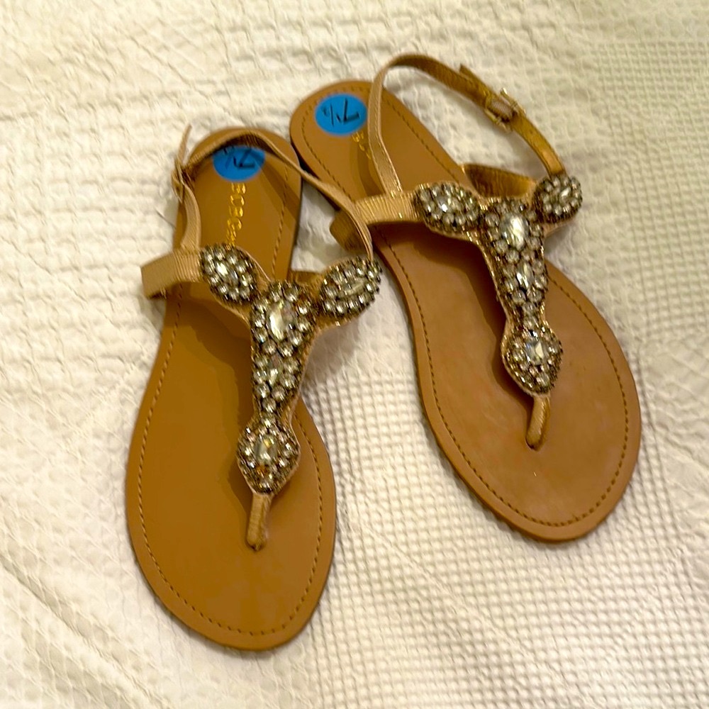 BCBGeneration Tan Rhinestone T-Strap Sandals